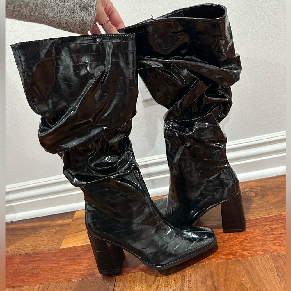 Black Croc-Embossed Knee-High Boots